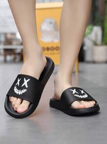 Cool Black Slide Shoes For Men, Cartoon Pattern Single Band EVA Slippers - Black - View 6