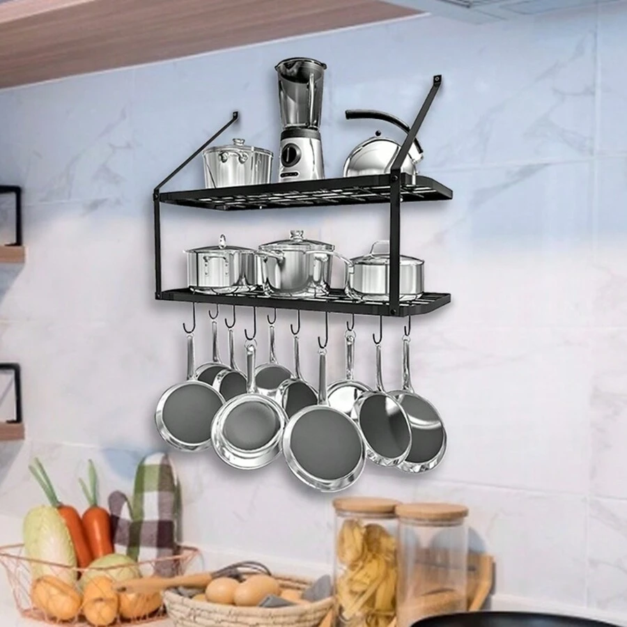 LIVINGANDHOME Living And Home 2 Tiers Wall-Mounted Pot Pan Rack,Saucepan Racks,Pot Holders With 10pcs Removable Hooks,Kitchen Utensils Hanging Shelf,Kitchen Storage Organizer Pot Rack - Black - View 1