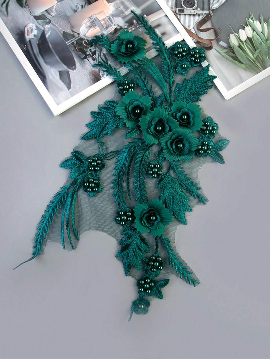 XDH2489現貨彩色3D刺繡綴飾婚紗配件網紗蕾絲DIY表演服裝刺繡花長度:30CM/寬度:20CM - 綠色 - 查看 1