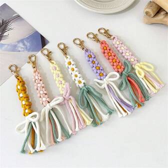 1ชิ้น สร้างสรรค์ แฟชั่น ทอมือ ดอกเดซี่ พวงกุญแจ, กุญแจห่วง ดอกไม้, โบว์ ปอมปอม, เครื่องประดับกระเป๋า, ของขวัญเล็กๆ น่ารัก เหมาะสำหรับของขวัญ อุปกรณ์รถ จี้กระเป๋า โรงเรียน Goth Y2k