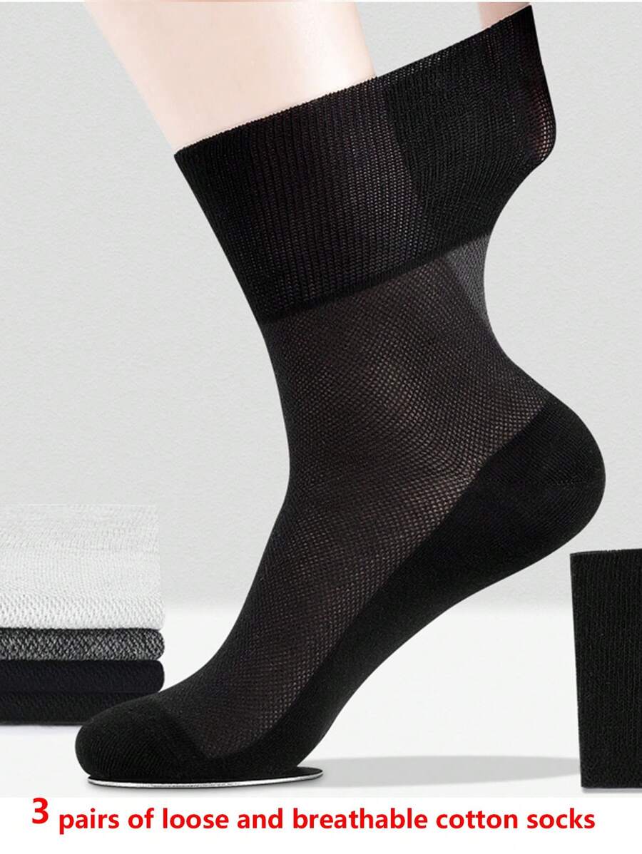 3 Pairs Men's Loose Top Breathable Deodorizing Cotton Socks, Thin Mesh Design Suitable For Thick Legs, Middle-Aged And Elderly, Summer