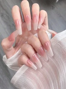 24pcs Simple White Color Gradient Tie Dye Ballet Wear Nail Art Stickers + Jelly Gel + Nail File Press On Nails Supplies