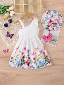 Robe d'été à imprimé papillon sans bretelles rose avec grand nœud + chapeau