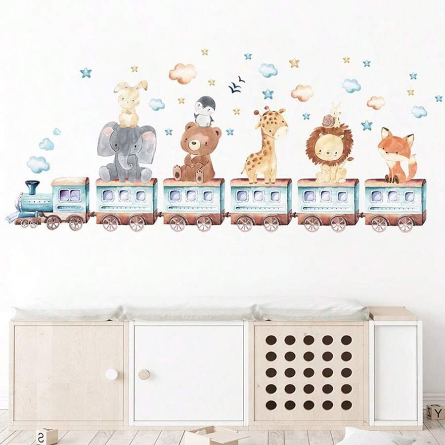 Cartoon Train With Animals See The World Star Wall Stickers, Children's
