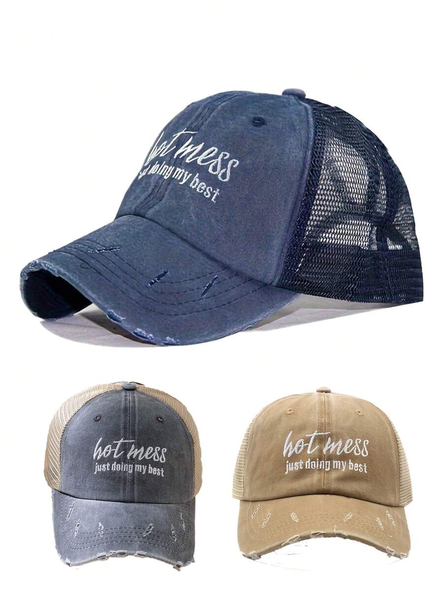1入組刺繡Hetmessjustdoingmybest馬尾洗水棒球帽，戶外調節式防曬帽，適用於春季、秋季、旅行、海灘假期Y2K風青少年棒球帽 - 刺繡 - 查看 1