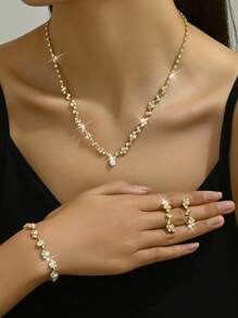 Juego de 4 piezas de collar, aretes y pulsera con elementos de color dorado y pedrería, elegante conjunto de joyas con piedras incrustadas para mujer, ideal para bodas - Multicolor - Ver 8