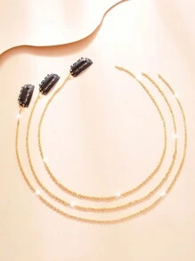 3pcs Women Fashionable Charm Water Ripple Chain Style Designed Decorative Hair Clip Set For Braids Or Hair Bands With Beads And Metal Details, Hair Accessories /Jewelry Carnival Head Jewelry Head Pieces Jewelry, Hair Jewellery, Wedding, Bride To Be - Gold Model-a - View 2