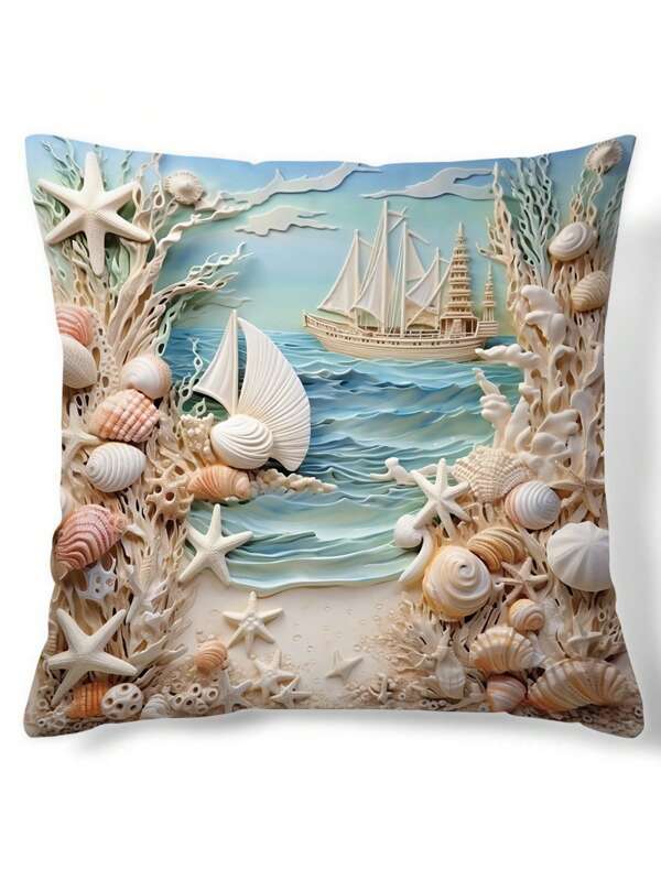 1 Peça Fronha Impressa Digital da Série de Vida Oceânica Com Padrões de Estrela do Mar, Conchas do Mar, Ondas da Praia e Tema de Navegação