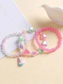 3入組派對裝飾彩色手工串珠手鍊，帶獨角獸心形飾物 - 彩色 - 查看 1