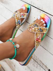 2024 Summer Colorful Rhinestone Outdoor Beach Flat Slippers