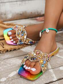 2024 Summer Colorful Rhinestone Outdoor Beach Flat Slippers