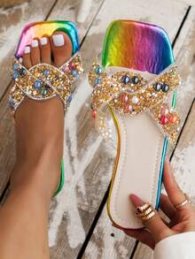 2024 Summer Colorful Rhinestone Outdoor Beach Flat Slippers