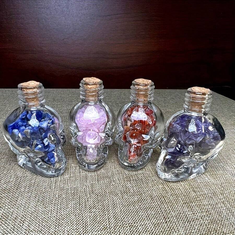 1 Unidad Botella de Deseos con Cabeza de Calavera de Triturado de Cristal Natural, Piedra de Cristal en Bruto, Decoración del Hogar