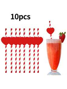 Set Of 10 Pink Heart-Shaped Plastic Reusable Straws, Adorable Straws For Drinking Coffee And Milk, Perfect Valentine's Day Gift, Suitable For Birthday, Wedding, Cocktail Parties - Red Paper Straws - View 2