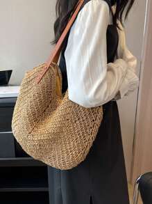 Yogodlns 休闲夏季大容量草编沙滩包手工女士单肩包女士旅行手提包藤条购物手提包学校手提包、学校书包、便携、可折叠、商务休闲、适合少女、女大学生、教师、新人及白领人士大学、度假、海滩、假日、购物、度假必备品、完美搭配海滩配饰女士、时尚夏季度假包、海滩必备女士度假和假日包 - 卡其色 - 查看 7