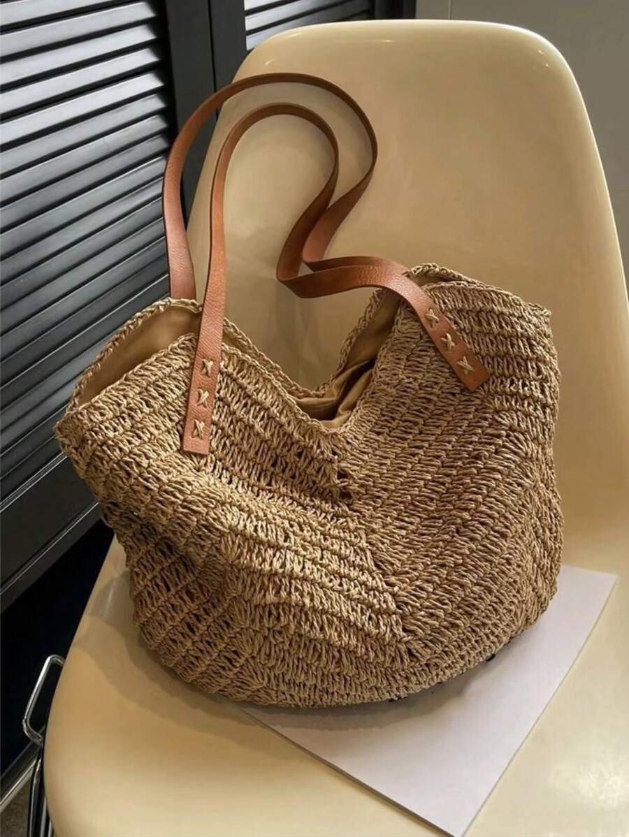 Yogodlns 休闲夏季大容量草编沙滩包手工女士单肩包女士旅行手提包藤条购物手提包学校手提包、学校书包、便携、可折叠、商务休闲、适合少女、女大学生、教师、新人及白领人士大学、度假、海滩、假日、购物、度假必备品、完美搭配海滩配饰女士、时尚夏季度假包、海滩必备女士度假和假日包 - 卡其色 - 查看 1