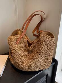 Yogodlns 休闲夏季大容量草编沙滩包手工女士单肩包女士旅行手提包藤条购物手提包学校手提包、学校书包、便携、可折叠、商务休闲、适合少女、女大学生、教师、新人及白领人士大学、度假、海滩、假日、购物、度假必备品、完美搭配海滩配饰女士、时尚夏季度假包、海滩必备女士度假和假日包 - 卡其色 - 查看 3