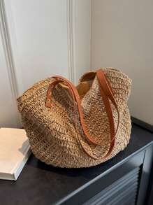 Yogodlns 休闲夏季大容量草编沙滩包手工女士单肩包女士旅行手提包藤条购物手提包学校手提包、学校书包、便携、可折叠、商务休闲、适合少女、女大学生、教师、新人及白领人士大学、度假、海滩、假日、购物、度假必备品、完美搭配海滩配饰女士、时尚夏季度假包、海滩必备女士度假和假日包 - 卡其色 - 查看 4