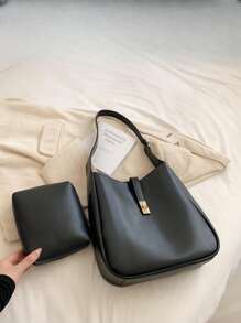 New Fashion Four Seasons Solid Color Large Capacity Tote Bag Bucket Bag Casual Versatile Commuter Shoulder Crossbody Bag For Women - Black - View 4