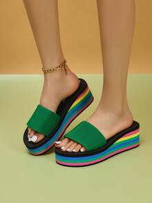 1pair Women Summer Rainbow Color Slip-Resistant & Thick Bottom Wedge Sandals, Perfect For Outdoor Activities Like Beach And Traveling - Green - View 2