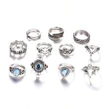 Set Of 11 Vintage Style Flower Carved Rings With Rhinestone Decoration - Silver - View 5