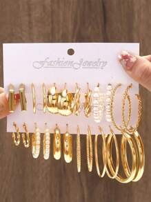 1套精美的仿珍珠耳釘，多層項鍊、耳環、戒指4合1多件式珠寶套裝，適合日常穿著、工作、送給家人、朋友、女友、同事（不含盒子） - 金黃色 - 查看 6