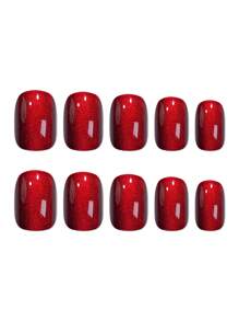 24入組短方/鑽石款時尚櫻桃酒紅貓眼亮片光澤亮麗簡約指甲藝術套裝，附有果凍膠和指甲文件，適用於派對、舞會和日常穿著。壓克力假指甲美甲用品。 - 酒紅色 - 查看 3
