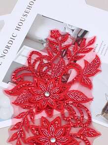 Colorful 3D Embroidery Applique With Beads For Wedding Dress Formal Dress Mesh Lace DIY Performing Clothing Accessories Embroidered Flower. Length: 31CM, Width: 16CM. - Bright Red - View 4