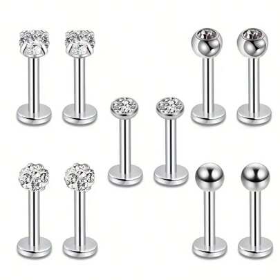 SENLANSP Set Of 10 Stainless Steel Lip Rings & Stud Earrings With Sparkly Cubic Zirconia Inlays, Barbell Piercing Jewelry