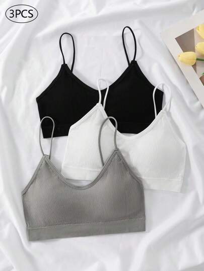 Set de 3 sujetadores de tirantes y espalda de canalé sin costuras, prenda interior versátil para usar por capas