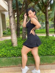 Macacão Macaquinho Fitness Plus Size Short Saia Vestido Roupa Academia Malhar - Preto - Visão 2