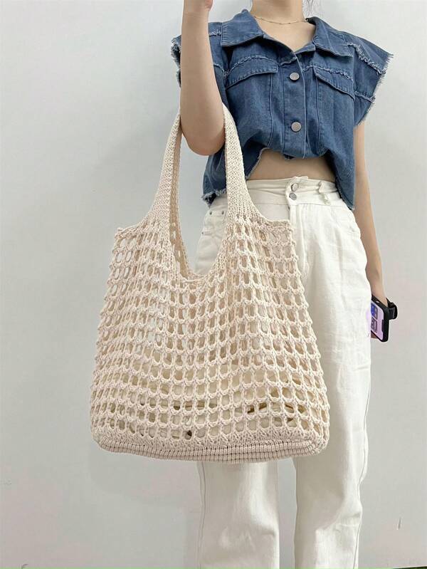 Bolsa de Tricô Grande de Design Original INS, Bolsa de Praia, Bolsa, Bolsa de Ombro, Mochila Trançada Reutilizável e Vazada, Bolsa de Armazenamento Espaçosa, Bolsa de Ombro Casual Leve, Bolsa de Compras de Crochê, Presente para Estudantes de Graduação, Adolescentes, Faculdade