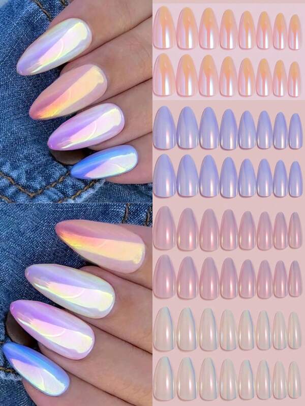 VV MEI JIA ER 96pcs(White/Pink/Blue/Light Yellow-Mixed 4colors) Magic Chrome Shiny Medium Almond Press On Nails Holographic Gradient Nail Dust Ice Neon Mermaid Mirror Glitter Pearl Artificial Nails Set For Women And Girls Nails DIY &1sheet Tape&1pc Nail File Nail Supplies