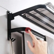 Bathroom Perforated Towel Rack, Space Aluminum Black Bathroom Storage Rack, Folding Towel Rack, Hook, Bathroom Storage And Storage Hardware Hanger