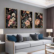 3pcs/Set Frameless Vintage Dark Art Flowers Canvas Paintings, Retro Art Flowers Canvas Posters,Dark Flowers Wall Art, Ideal Gift For Bedroom Living Room,No Frames Included Gifts Birthday Graduation - Multicolor - View 5