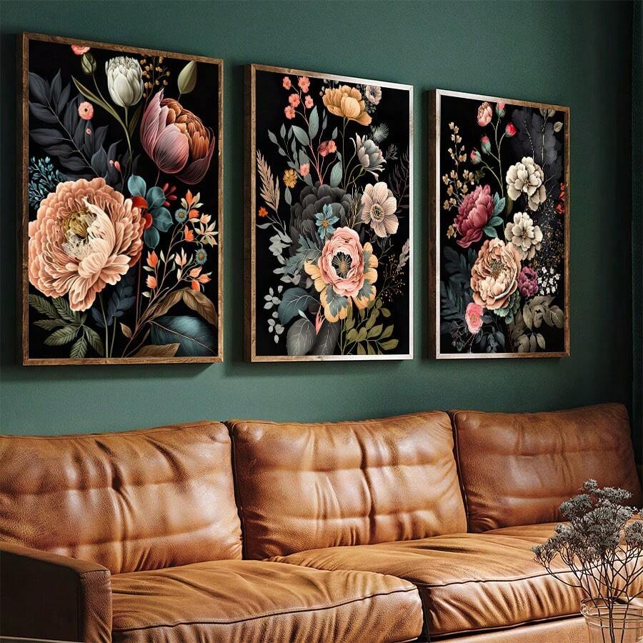 3pcs/Set Frameless Vintage Dark Art Flowers Canvas Paintings, Retro Art Flowers Canvas Posters,Dark Flowers Wall Art, Ideal Gift For Bedroom Living Room,No Frames Included Gifts Birthday Graduation - Multicolor - View 1