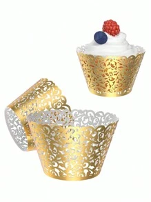50pcs Laser Cut Gold & Silver Wire Wedding Cupcake Wrapper Baking Muffin Cupcake Paper Box Tray For Birthday Party Decoration (Bright Gold),Christmas - Gold - View 6