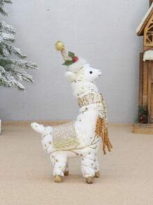 1入組15吋長絨毛針織駱駝玩偶，帶米色和金色布料，完美適用於節日家居、商店、旅店及窗戶裝飾，如聖誕和新年 - 小號 - 查看 1