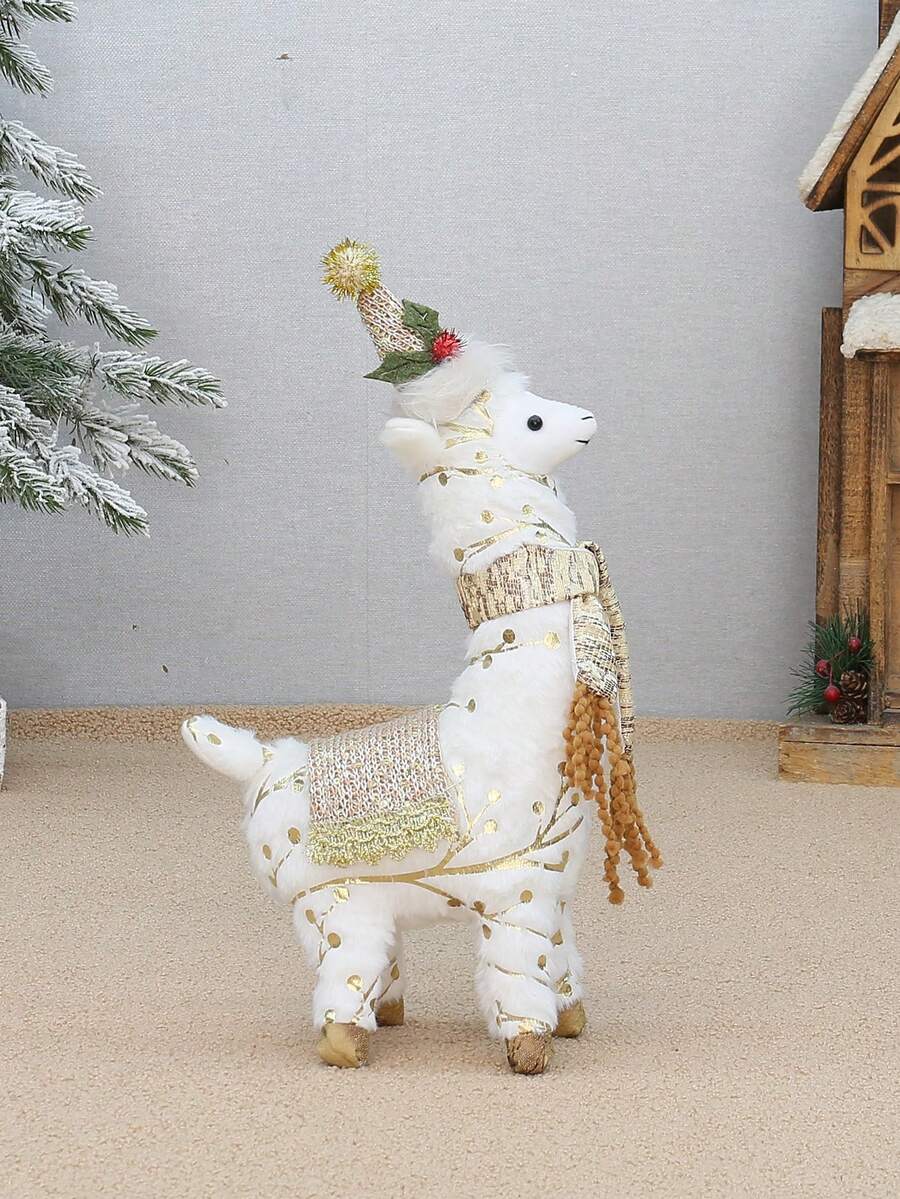 1入組15吋長絨毛針織駱駝玩偶，帶米色和金色布料，完美適用於節日家居、商店、旅店及窗戶裝飾，如聖誕和新年 - 小號 - 查看 1