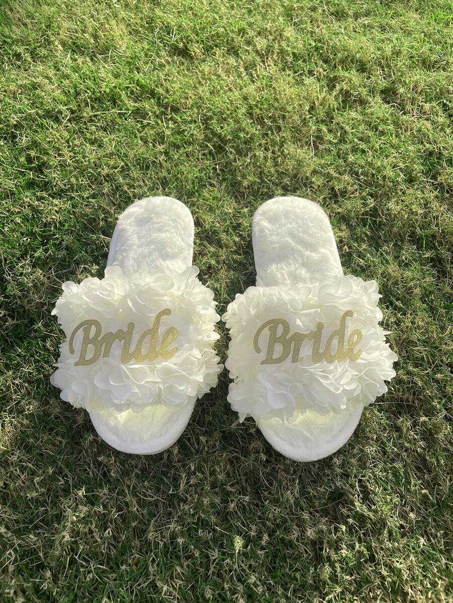 Bride Wedding Open Toe Plush Fur Slippers Bachelorette Party Wedding Supplies White Bridesmaid Slippers