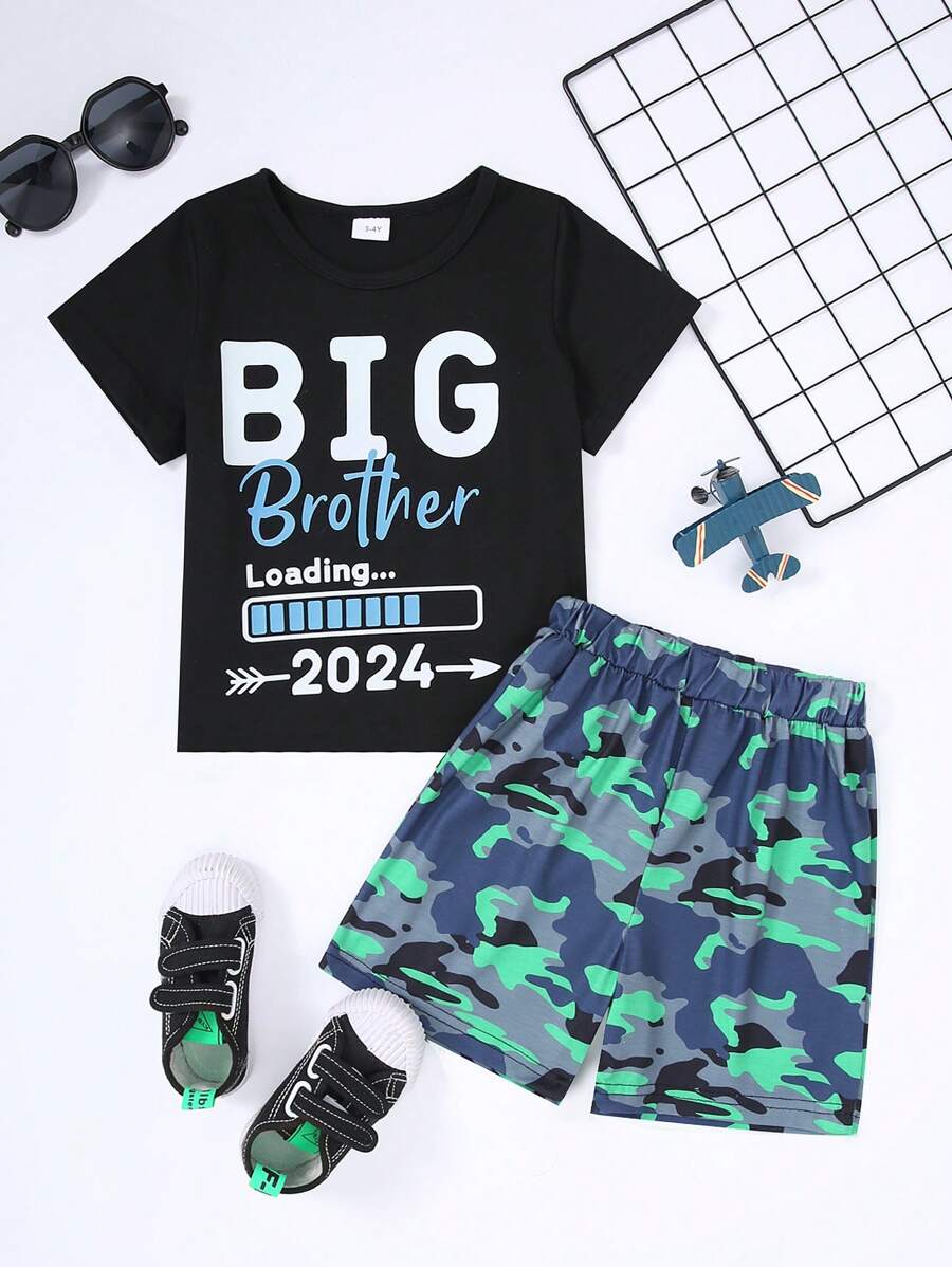 Jungen Sommer Casual Brief Print Kurzarm T-Shirt und Tarnung Shorts Set - Schwarz - Übersicht 1