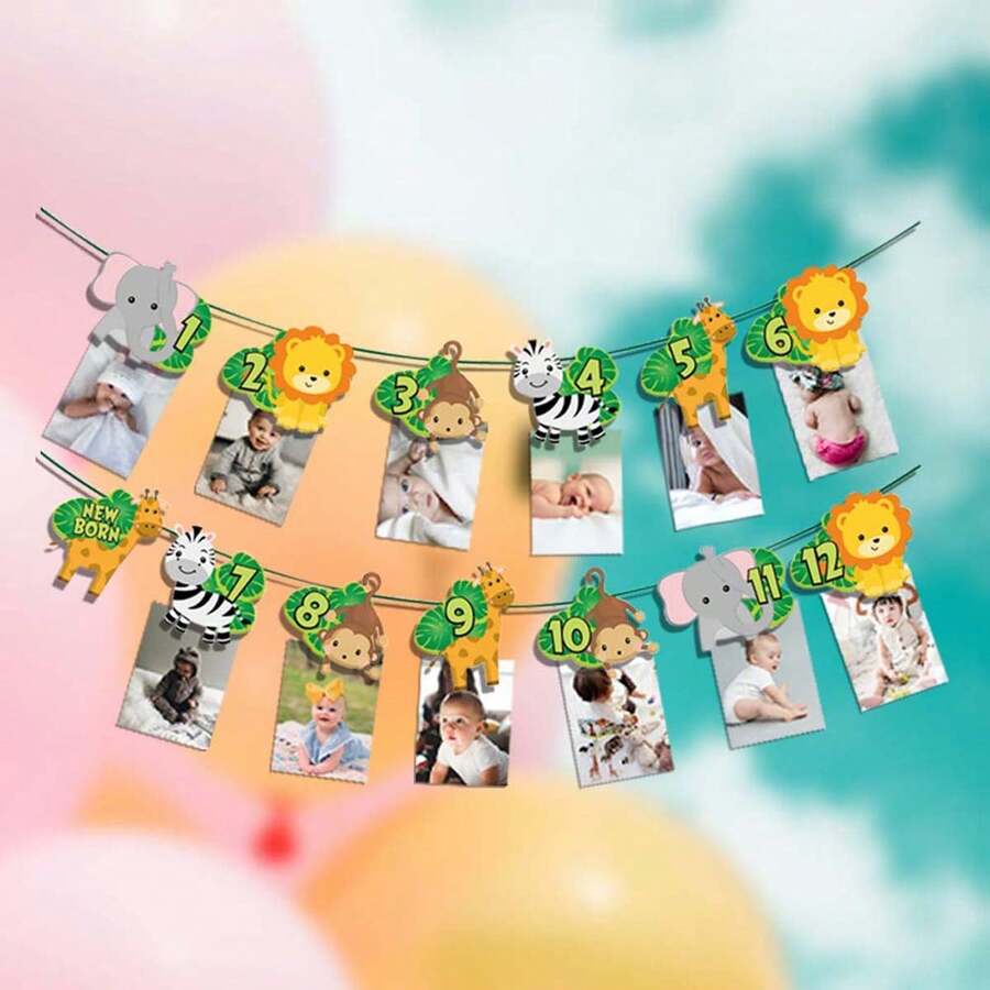 Foto-Banner Für Den 1. Geburtstag – 12 Monatsfotos, Goldfarben, Mit Schnur & Nadel
