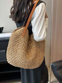 Yogodlns 休闲夏季大容量草编沙滩包手工女士单肩包女士旅行手提包藤条购物手提包学校手提包、学校书包、便携、可折叠、商务休闲、适合少女、女大学生、教师、新人及白领人士大学、度假、海滩、假日、购物、度假必备品、完美搭配海滩配饰女士、时尚夏季度假包、海滩必备女士度假和假日包 - 卡其色 - 查看 8