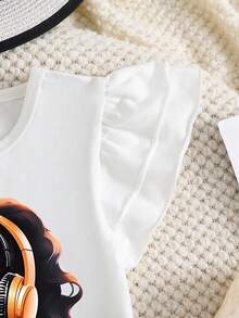 Conjunto de camiseta de manga corta con estampado de dibujos animados y pantalones cortos de mezclilla para niñas, primavera/verano, talla L - Blanco - Ver 4