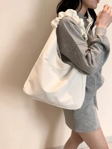 简单、时尚、轻便的女士防水尼龙布手提包，适合年轻人。褶皱肩带可调节长度。这款开放式包包适合所有季节。学校手提包、学校书包、便携、可折叠、商务休闲，适合少女、女大学生、教师、新人及白领工作者大学、度假、海滩、假日、购物 - 白色 - 查看 2