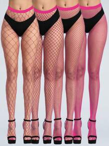4 Pairs Women Fishnet Pantyhose Sexy Hollow Out Anti-Hook Small Mesh Stockings - Hot Pink - View 1