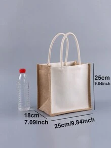 1pc Canvas+Jute Handbag Burlap Tote Bag Reusable Daily Use Travel Beach Storage Organizer Shopper Bag DIY Montage Jute Bag Suitable For Wedding, Party Festival And Painting, Christmas