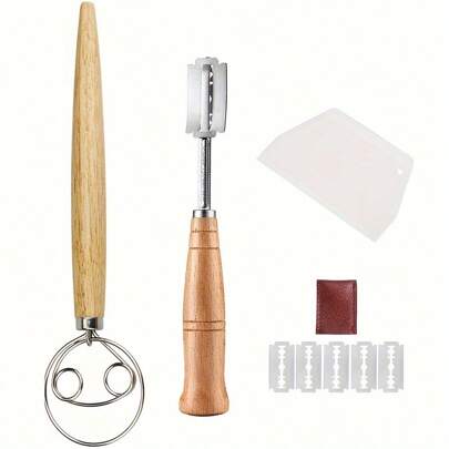 9pcs/Set, Bread Lame Danish Dough Whisk Kit, Including 5 Replacement Blades, Dough Scraper And Leather Protective Cover, Bread Making Tools, Scoring Bread Knife Set, For Pastry, Baking Cake, Dessert, Sourdough, Pizza, Kitchen Baking Tools