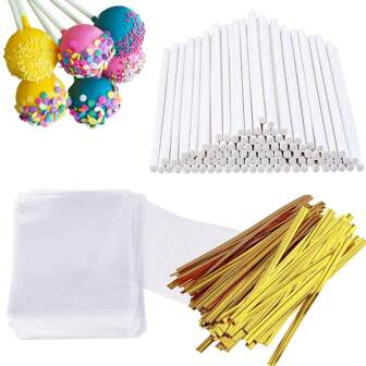 300pcs, Lollipop Wrapping Set, Cake Pop Sticks With Clear Treat Bags & Golden Twist Ties, Lollipop Making Tools For Lollipops, Candies, Chocolates, Cookies And More, Baking Tools
