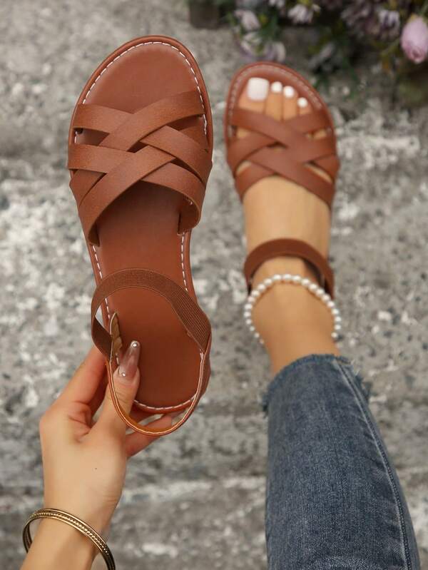 Women Casual Flat Sandals, Open Toe Summer Shoes, Lightweight Elastic Band Slippers